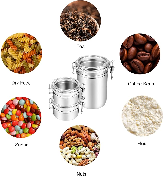 Airtight Coffee Canister, Coffee Storage Containers, Stainless Steel Kitchen Food Storage Jar for Grounds Coffee, Beans, Tea, Sugar, Flour, Cereal (Silver-1.8L*1+1.2L*2)