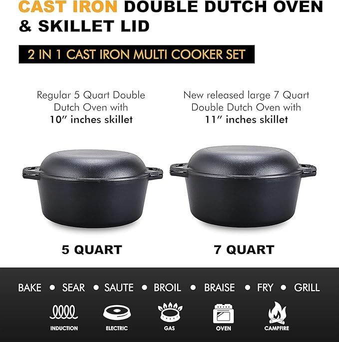 Bruntmor Pre-Seasoned Cast Iron Double Dutch Oven with Skillet Lid - 7 Quart All-in-One Casserole and Braising Pan - Heavy Duty and Oven Safe Black Cookware for Versatile Cooking - 14.7 x 6.9 Inches