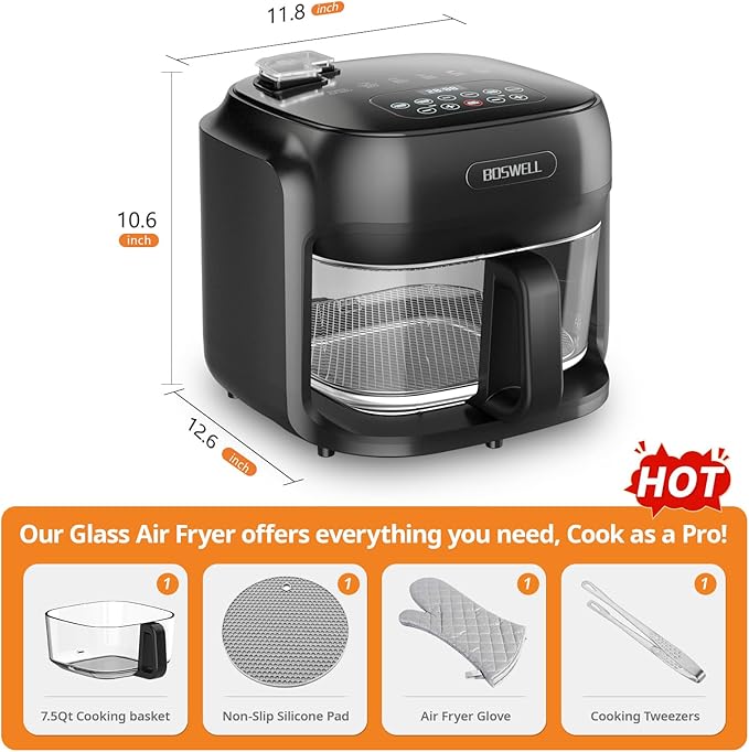 BOSWELL Steam Glass Air Fryer, 7.5QT Borosilicate Bowl with Circulating Heat, Digital Touchscreen, 400°F Max Temp, Oil-Free Fryer with Mist Function, Dishwasher Safe (Black)