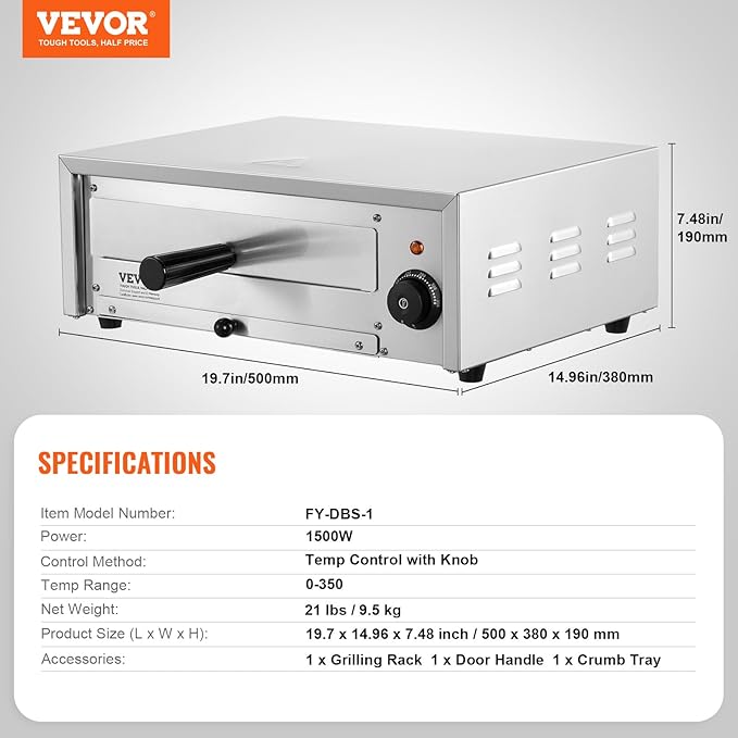 VEVOR Countertop Electric Pizza Oven, 12-inch, 1500W, 122-662℉ Temp Range, Stainless Steel Construction and Easy-to-Clean Crumb Tray, Suitable for Both Commercial and Home Use