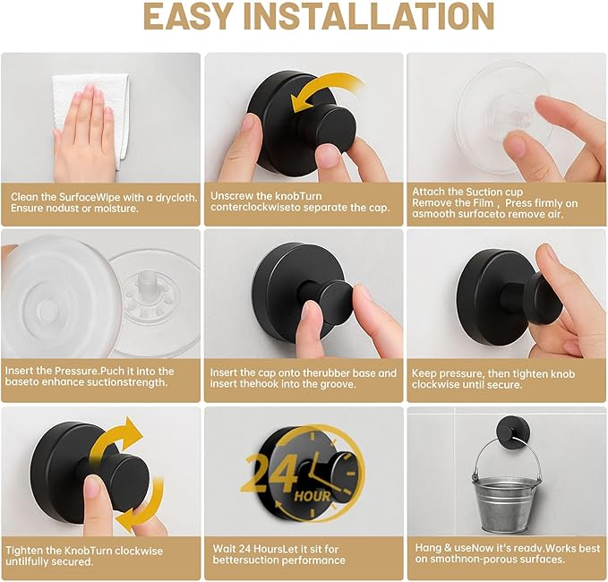 4 Pcs Suction Cup Hook for Shower，Removable Hooks，Towel Hooks，Suction Hooks for Bathroom, Bedroom, Glass Window (Black)