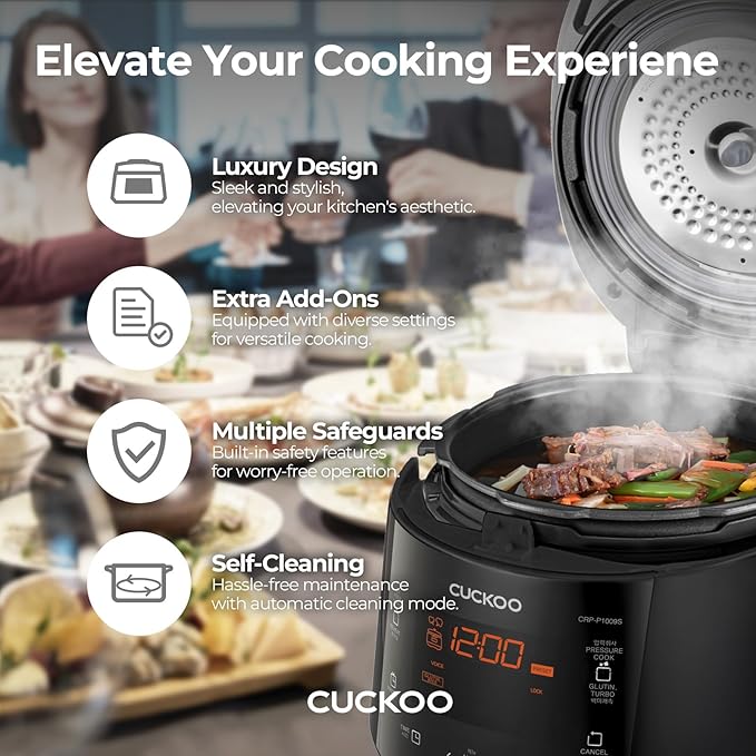 CUCKOO High Pressure Rice Cooker 6-Cup Uncooked / 12-Cup Cooked with Nonstick Inner Pot, Versatile Rice Maker with 12 Menu Options and Steam Plate, Fuzzy Logic Tech, Voice Guide, Black (CRP-P0609S)