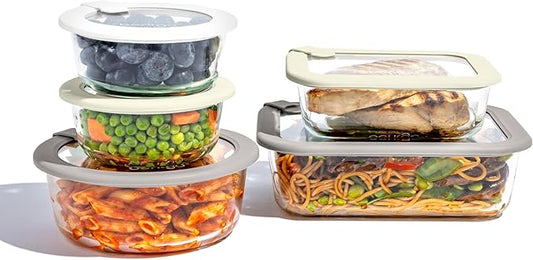 Bentgo Signature Leak-Proof Glass Food Storage - 10-Piece Set, 1-Compartment Plastic-Free Containers with Airtight Glass Lids, BPA-Free, Microwave, Freezer, Oven & Dishwasher Safe (White Stone)