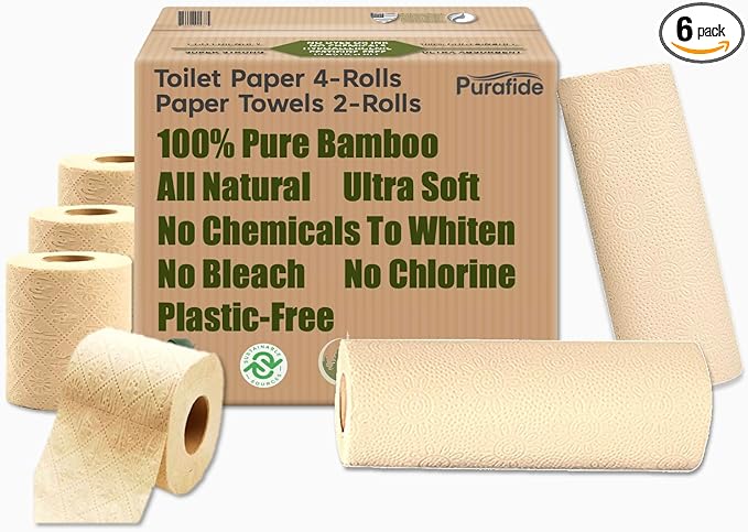 100% Natural Bamboo Toilet Paper, Paper Towel Rolls, tree-free, unbleached, 3-Ply, 2 Paper Towel, 4 Large Toilet Paper Rolls (Home Pack)