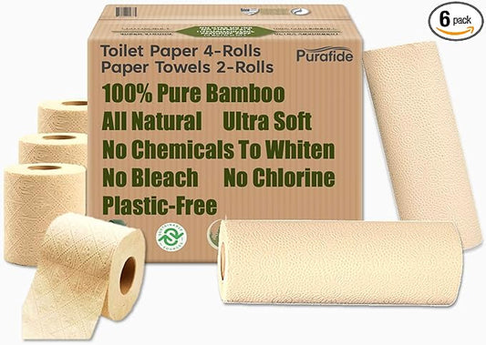 100% Natural Bamboo Toilet Paper, Paper Towel Rolls, tree-free, unbleached, 3-Ply, 2 Paper Towel, 4 Large Toilet Paper Rolls (Home Pack)