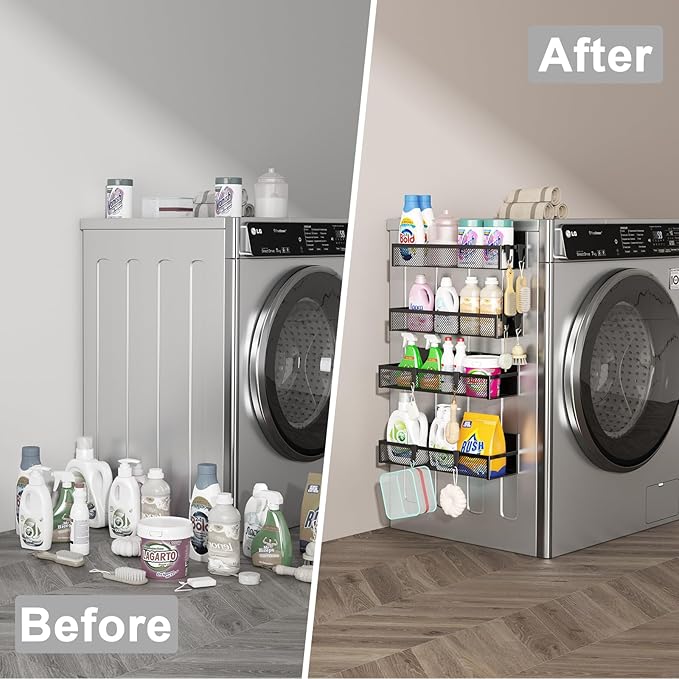 Magnetic Spice Rack for Refrigerator, 4 Pack Magnetic Shelf, Fridge Magnet Organizer with Moveable 8 Hooks, Magnetic Fridge Shelf for Kitchen Organization and Storage (4 Pack)