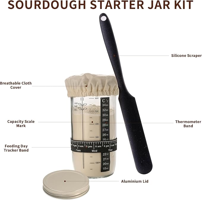 Complete Sourdough Starter Kit with Banneton Proofing Basket & Dough Scraper – All-in-One Bread Baking Set for Homemade Artisan Sourdough