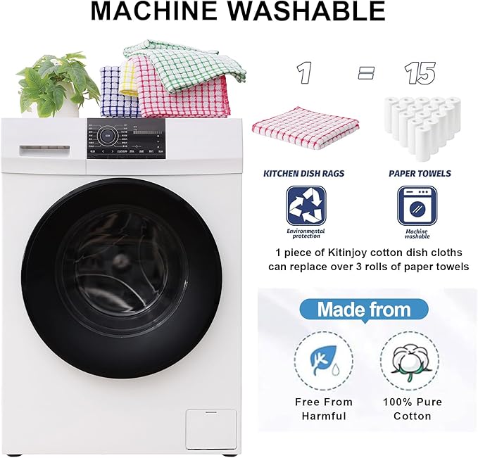 Kitinjoy Cotton 8 Pack Terry Kitchen Dish Cloths, 12 x 12 Inches Super Soft and Absorbent Dish Rags, Quick Drying Dish Towels for Washing Dishes, Mixed Color