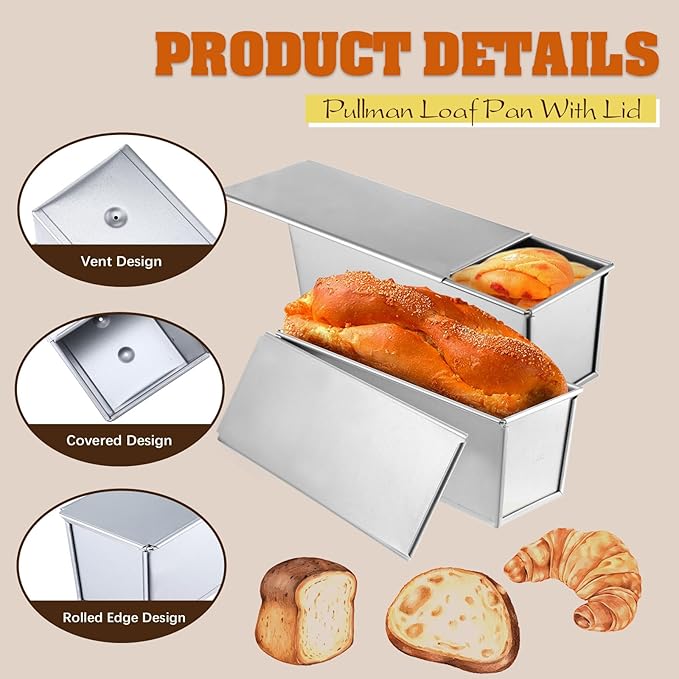 1 Pack Pullman Loaf Pan with Lid, 13x4 Inch Large Capacity Bread Loaf Pan with Cover, Non-Stick Bakeware for Baking Bread, Carbon Steel Bread Toast Box with Cover, Pullman Loaf Pan for Sandwich Bread