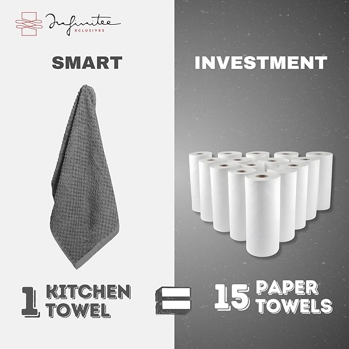 Infinitee Xclusives Premium Kitchen Towels - [Pack of 12] 100% Cotton Kitchen Hand Towels (15 x 25 Inches) - Dish Towels for Kitchen |Grey|