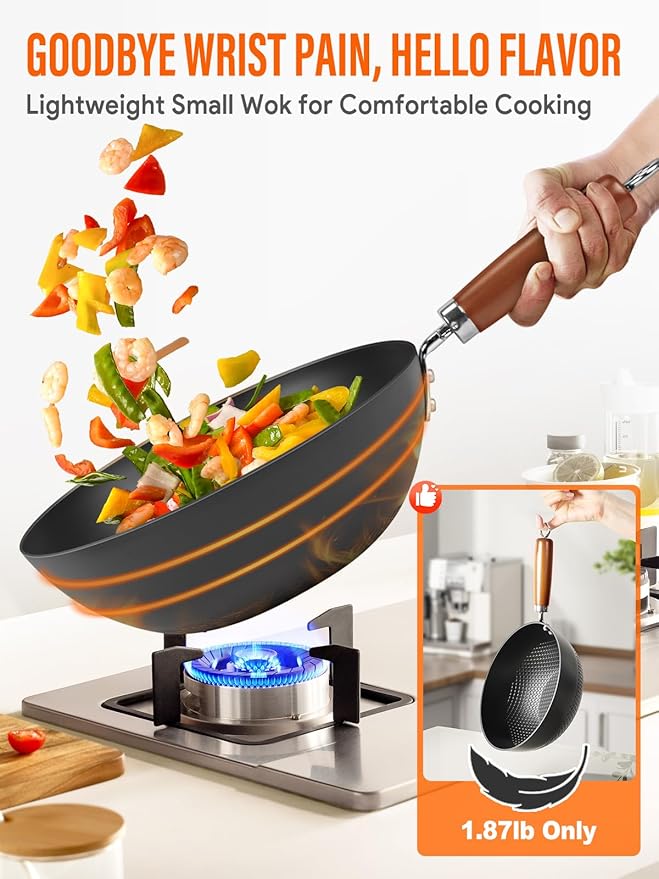 Carbon Steel Wok, 10.5" Wok Pan Set With Lid, Stir-Fry Pans Set, 1.65lb Lightweight Flat Bottom Small Wok