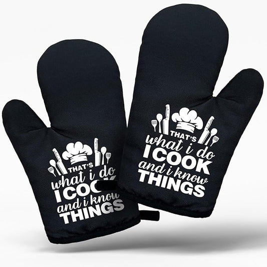 Funny Black Women Men Cooking and Baking BBQ Kitchen Gadgets with Heat Resistant Silicone Non-Slip, That's What I Do I Bake and I Know Things Oven Mitts Set of 2, Gifts for Bake Lover Mom Dad BBF