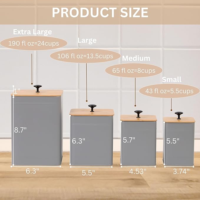 PERFNIQUE Kitchen Canisters, Airtight Canister Sets for Kitchen Counter, Kitchen Canisters for Countertop Set of 4, Coffee Tea Sugar Flour Spice Tin Jars Food Storage Container with Lid(Grey)