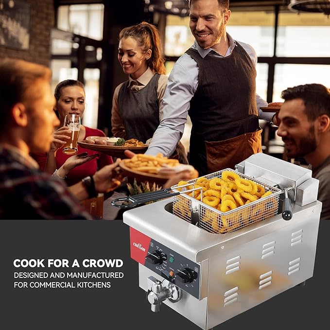 CROSSON 6L Electric Countertop Deep Fryer Extra Large with Drain,Timer,Basket and Lid for Restaurant Use 120V,1800W Commercial Deep Fryers