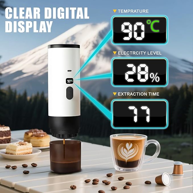 Portable Coffee Maker Espresso Machine with 7800mAh Battery & Digital Display, Self-Heating Travel Coffee Maker for Camping, Car, USB-C Compatible with Ground Coffee & NS Capsules RV Hiking Office