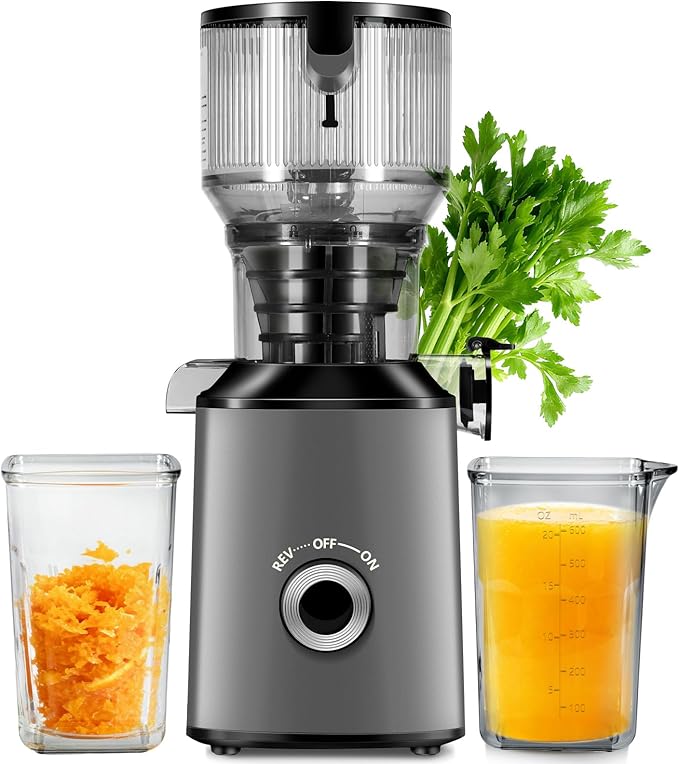Cold Press Juicer with 5.8" Extra Wide Feed Chute - Slow Masticating Juicer Machine for Whole Fruits & Vegetables - High Juice Yield, Self Feeding, Easy to Clean & Assemble