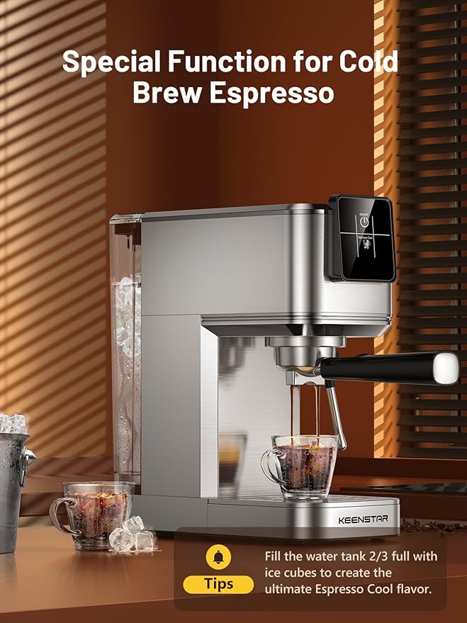 KEENSTAR 20Bar Espresso Machine with Rapid Cold Brew, Hot & Iced Coffee Machine, Espresso Maker with Milk Frother Steam Wand, Touch Screen with 40oz Water Tank for Latte, Cappuccino, Gift