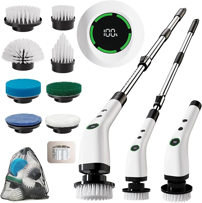 Electric Spin Scrubber, Cordless Cleaning Brush Scrubber with Battery LCD Display for Bathroom, Kitchen and Home, Adjustable Extension Handle, Full Body Waterproof IPX7, 8 Replaceable Brush Heads