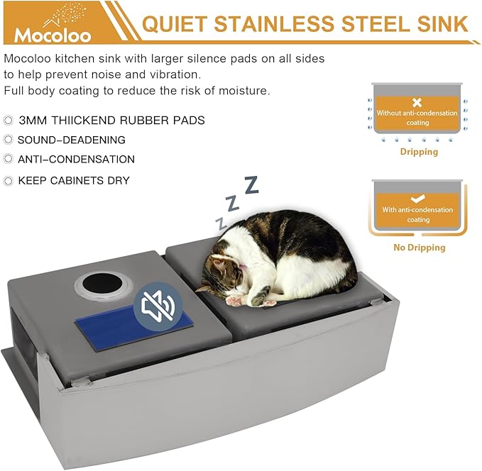 Mocoloo Stainless Farmhouse Kitchen Sink - 33x20 Inch Undermount Double Bowl Kitchen Sinks 16 Gauge Stainless Steel 50/50 Apron Farm Kitchen Sinks, 10 Inch Basin