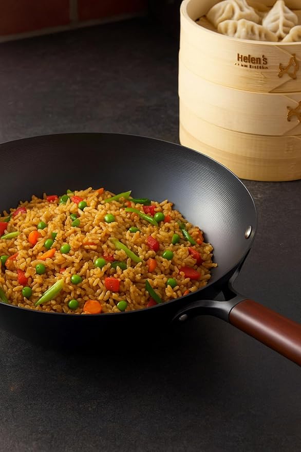 Helen's Asian Kitchen Deluxe Pre-Seasoned Wok, Non-Stick Carbon Steel and Wood Handle