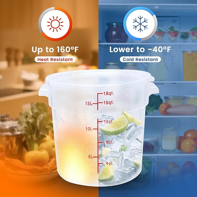 4 Pack 18QT Round Food Storage Containers with Lids, BPA-Free Polypropylene NSF Commercial Food Container, with Labels & Measuring Cup