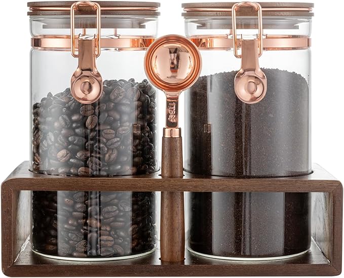 Glass Coffee Canister Set with Shelf and Spoon, Set of 2 Coffee Containers for Storing Ground Coffee Beans, Sealed, Coffee Bar Coffee Filter Holder