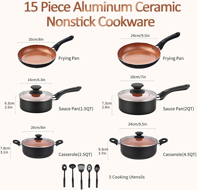 Ceramic Pots and Pans Set, 15PCS Nonstick Set Ceramic Cookware Set, Nonstick Pan Pots and Pans Set Non Stick Cookware set (With-Induction)