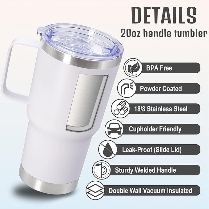 20 oz Tumbler with Handle and Lid, Stainless Steel Tumbler Insulated Travel Coffee Mug, Spill Proof Double Wall Vacuum Tumbler Cup Keep Drink Hot & Cold,White, 12 Pack