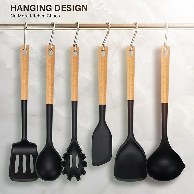 Silicone Cooking Utensils Set, Heat Resistance Large Kitchen Utensils Set with Long Wooden Handle, BPA-free Silicone Spatula, 6 Pcs Cooking Spoons for Non Stick Frying Pans and Pots（Black）