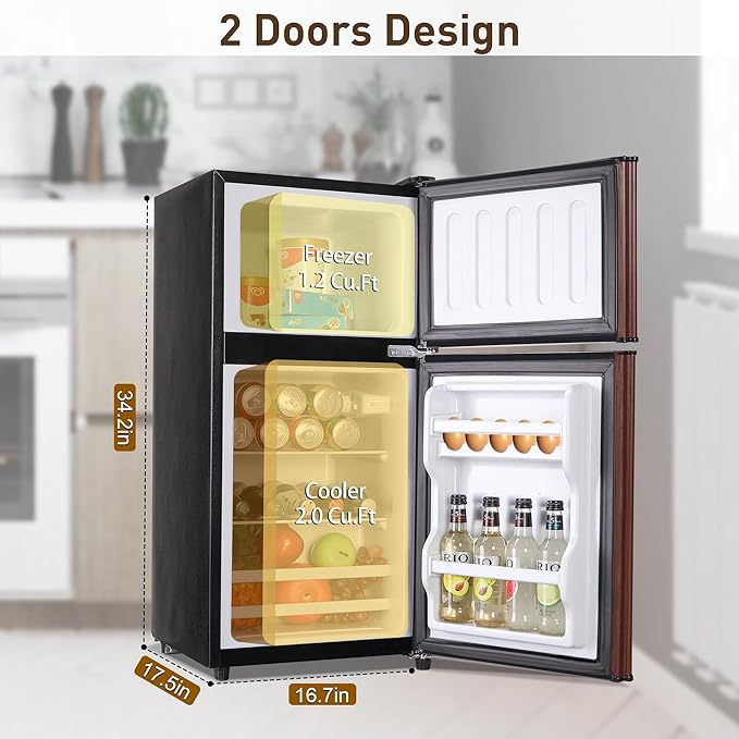 Mini Fridge with Freezer, 3.2 Cu. Ft. Double-Door Small Refrigerator with Adjustable 7-Level Thermostat & Separate Freezer, Dorm Fridge Compact for Kichen, RV, Office, Apartment, Wood