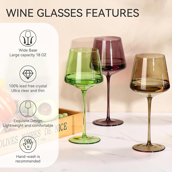 Colored Wine Glasses Set of 6-18oz【Hand Blown】Sunset Colorful Wine Glasses with Stem-Muticolor Wine Glass