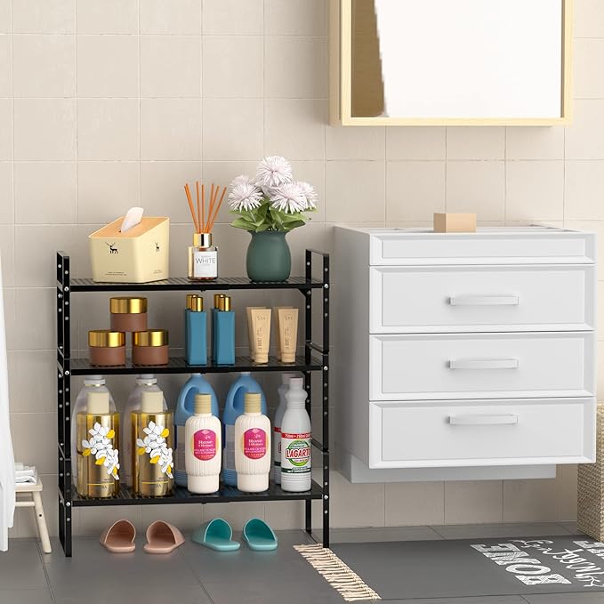 Redrubbit Expandable Cabinet Storage Shelf, Adjustable Height Steel Metal Kitchen Counter Organizers Shelves Spice Rack for Kitchen Pantry Bathroom Cupboard Desk Home Office, Black-3 Pack