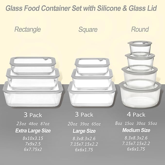 Glass Food Containers with Glass Lid, Microwave Safe Food Storage Container Set, 3 Pack of Large Size, Food Storage Containers with Lids, Meal Prep containers with Leak Proof Lid.