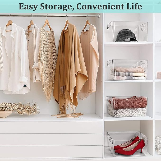 Fridge Organiser Set, Clear Plastic Storage Bins, 4 Pack Pantry Organizers & Storage Containers, Cabinet Organizer, Home Organization Must Haves for Kitchen, Laundry Room, Office, Closet & Freezer