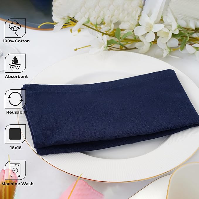 Blue Needles Solid Cloth Napkins Set of 6 Navy Blue 100% Cotton Dinner Napkins 18x18 inches - Soft, Reusable, Absorbent & Washable Fall Thanksgiving Linen, Ideal for Events, Parties & Everyday Use