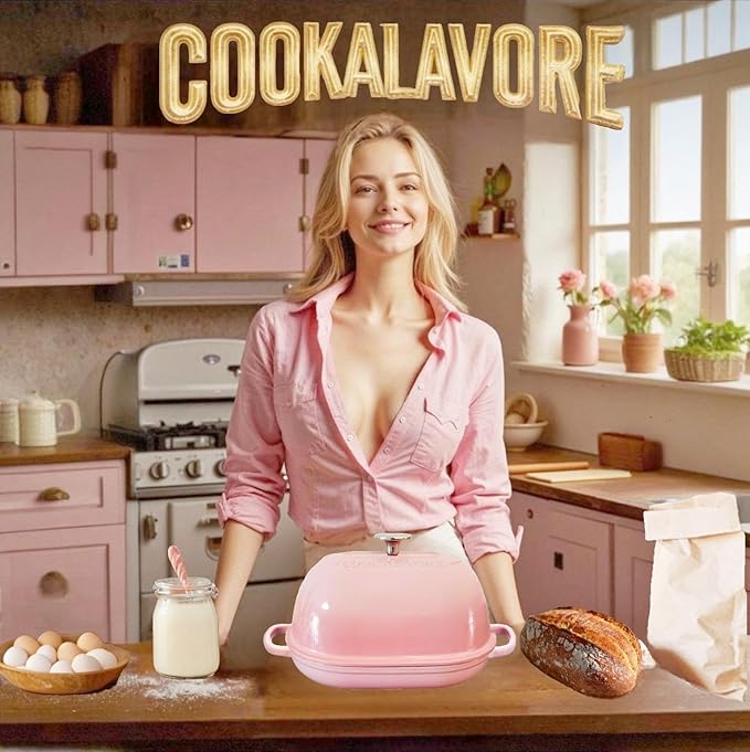 Cast Iron Bread Oven,6 QT Bread Oven,Thick Enameled Loaf Pan with Lid,Bread Pans for Homemade Bread,14.5"Dutch Oven for Bread Baking,Dutch Oven-with Silicone Baking Mat&Recipe,Gifts for Family,Pink