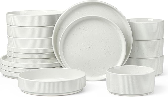 LIANYU Dinnerware Sets with Pasta Bowls for 4, 16 Piece Stoneware Plates and Bowls Set, Ribbed Dishes Dishware for Home Kitchen, Microwave and Dishwasher Safe, Speckled White