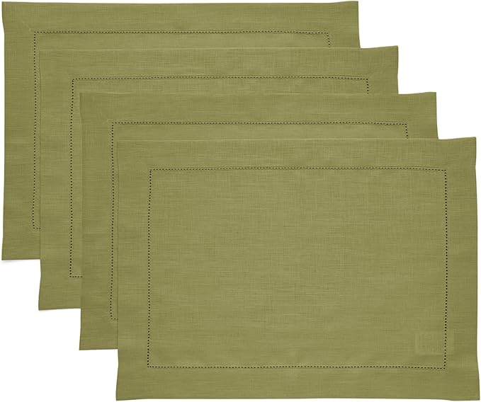 Solino Home Linen Placemats Set of 4 - Classic Hemstitch Avocado Green Placemats 14 x 19 Inch - 100% Pure Linen Table Mats for Fall, Autumn, Thanksgiving, Winter