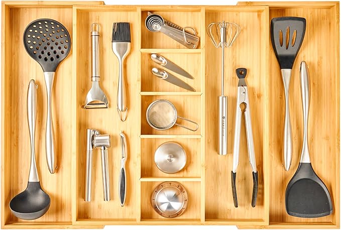 Umilife Extra Large Expandable Kitchen Drawer Organizer for Utensil and Junk, 19" Deep for Big Drawer, 17" to 28" Adjustable Bamboo Wood Drawer Divider, Cutlery Tray, Flatware Holder