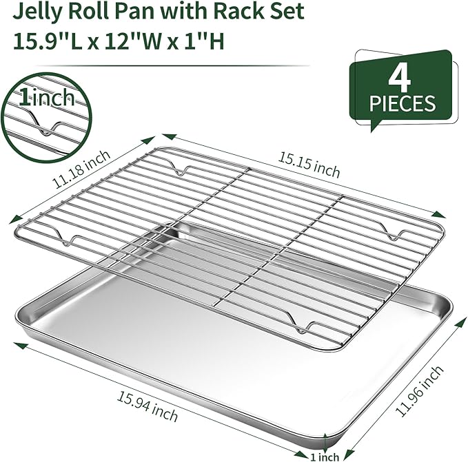 CEKEE Baking Sheet and Cooling Rack Set (2 Baking Pans + 2 Baking Racks), Stainless Steel Cookie Sheet Baking Pan Tray for Toaster Oven, Non Toxic & Heavy Duty & Easy Clean, Size 16 x 12 x 1 Inches