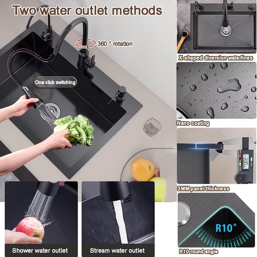 Black Drop in Kitchen Sink, Stainless Steel Single Bowl Sink with 3 Holes, Topmount Workstation Sink, Farmhouse Rectangle Basin with Multiple Accessories (25.6 * 17.7 * 7.9in)