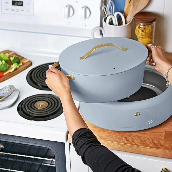 Beautiful 10-in-1 Electric Multi-Cooker by Drew Barrymore, 6-quart, digital display, 10 cooking functions, non-stick pot, easy one-touch control (CornFlower Blue)