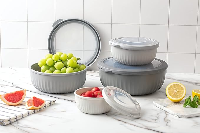 COOK WITH COLOR Prep Bowls with Lids- Wide and Deep Nesting Plastic Small Mixing Bowl Set with Lids, 8 Piece Set - Wide Bowls, Gray