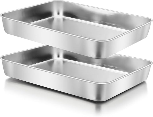 Herogo 10.5" x 8" x 2" Deep Baking Pan Set of 2, Stainless Steel Rectangle Sheet Cake Pan for Lasagna Brownies Casseroles Cakes, Dishwasher Safe & Durable