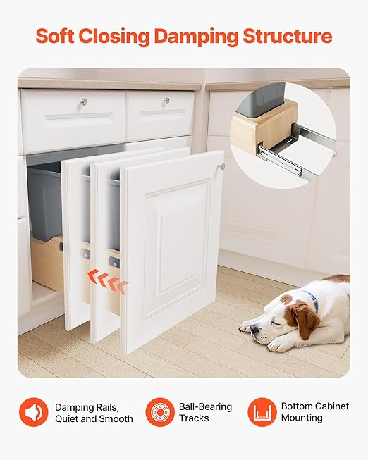 VEVOR Wood Pullout Trash Can for Kitchen Cabinets, 35 QT Garbage Waste Recycling Bin, Under Mount Waste Container, with Heavy Duty Metal Soft Close Sliding System, Door Kit, for Sink, Under Counter