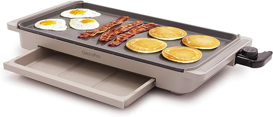 GreenPan Advanced 10.5”x 20” Electric Griddle with Warming Drawer, Healthy Ceramic Nonstick PFAS-Free Coating, Temperature Control, Easy and Versatile Countertop Meals, Dishwasher Safe, Clay