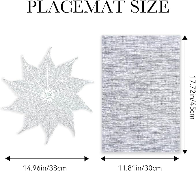 BACKTOEDEN Placemats Set of 4 Heat Resistant Washable Wipeable Placemats Woven Non-Slip Foldable Vinyl/Plastic Placemat Indoor/Outdoor Place Mats Kitchen Dining Table Mats, Silver Maple Leaf & Gray