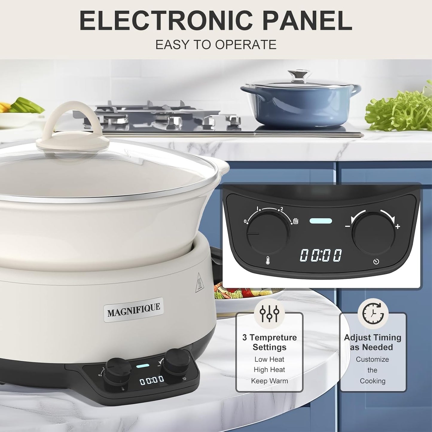 MAGNIFIQUE 5 Quart Programmable Slow Cooker with Auto Warm Setting, Glazed Ceramic Liner, Kitchen Small Appliance for Family Dinners, White