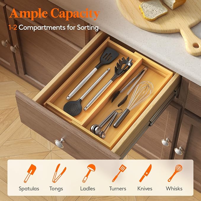 Lifewit Utensil Drawer Organizer, Expendable Cooking Silverware Tray for Kitchen Drawer, Bamboo Adjustable Cutlery Flatware Holder, Spatula Tools and Gadgets Storage Divider, 3 Compartments, Natural
