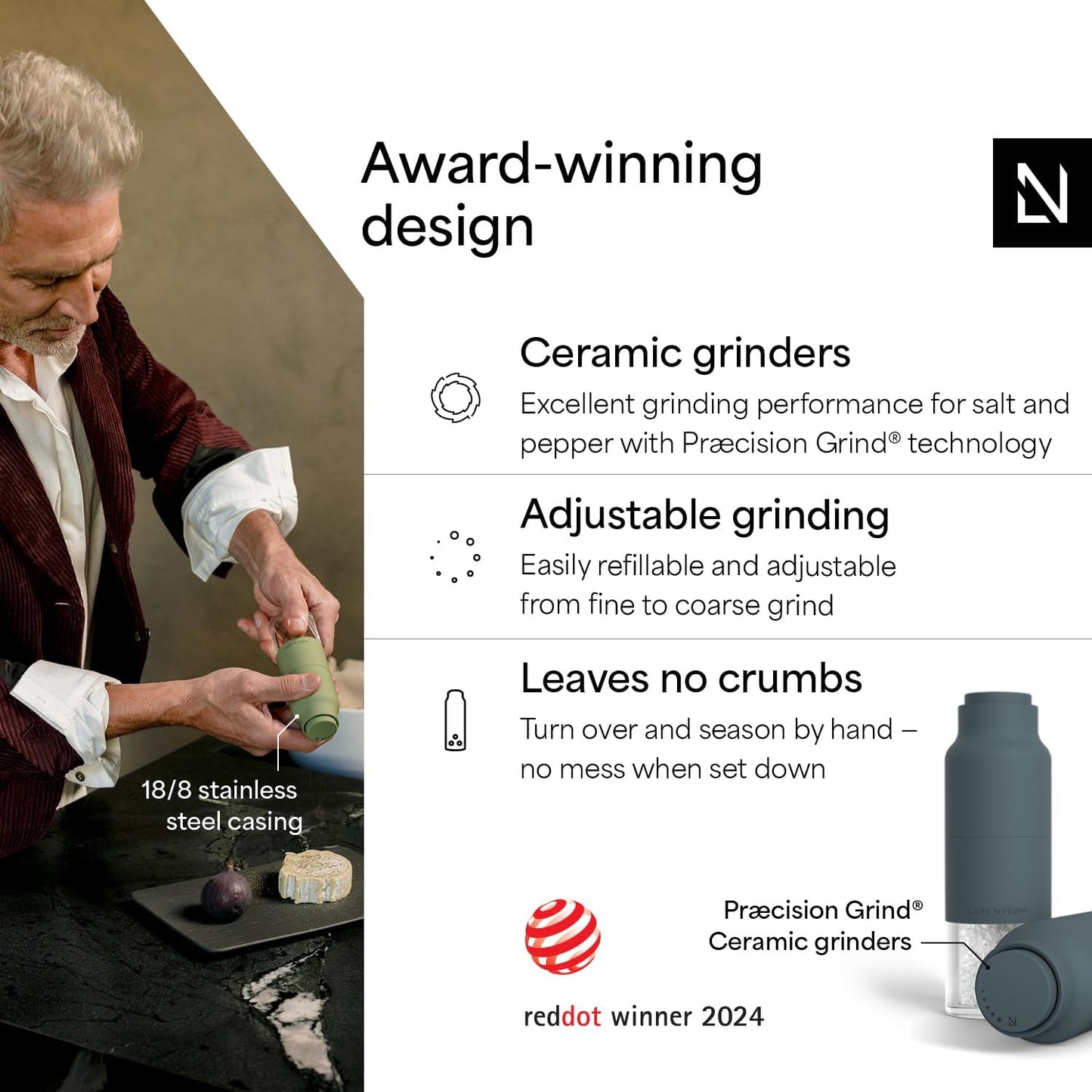 LARS NYSØM Salt and Pepper Grinder Set, Stainless Steel Manual Salt and Pepper Mills, Adjustable Ceramic Grinder, Design Spice Shakers (Stone Blue)